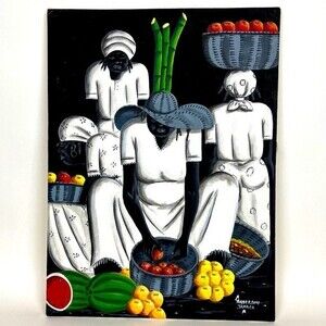 Original Folk Art Painting by Artist C. Anderson Jamaica Market Scene VTG 1996